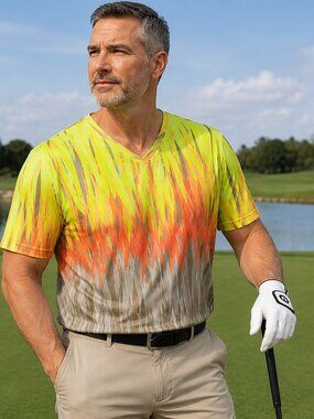 JAMIE SADOCK Mens Short Slve V-Neck Tan w/Bright Green/Orange Athletic Shirt XXL